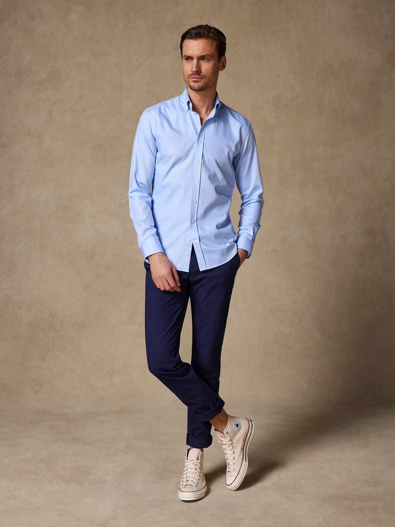 Chemise cintrée en chevron ciel   - Col boutonné