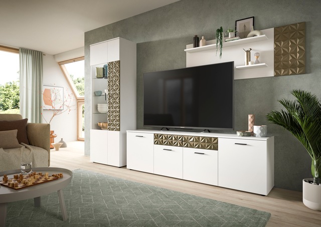 INOSIGN Vitrine »Vicenza, Höhe 195 cm, Ornamentabsetzung, 2 Türen, 9 Fächer« 3 Glaseinlegeböden, Vitrinenschrank, Schrank, Hochschrank, Wohnschrank