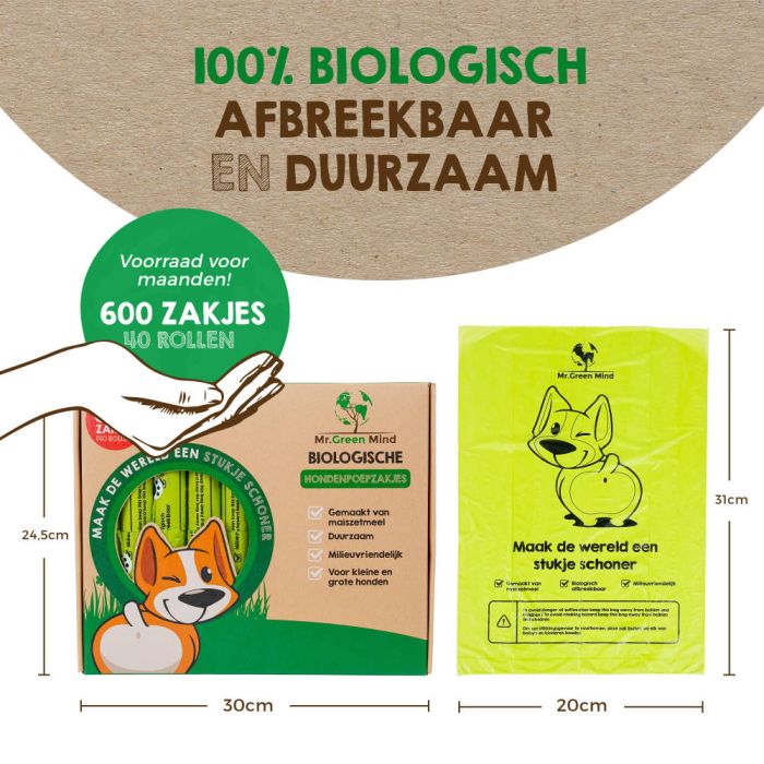 600st BIO groen hondenpoepzakjes mr. Green Mind Bio groen doos van 600 stuks 40 rollen à 15 zakjes (8713631204137)