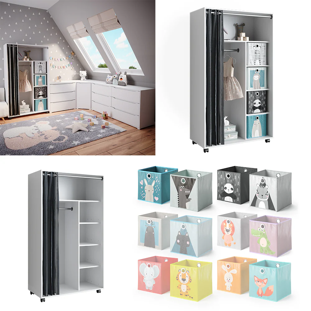 Vicco mobiler Kinderkleiderschrank Dielenschrank Garderobe Doros Weiß modern 100 x 168 cm Faltboxen offen rollbar