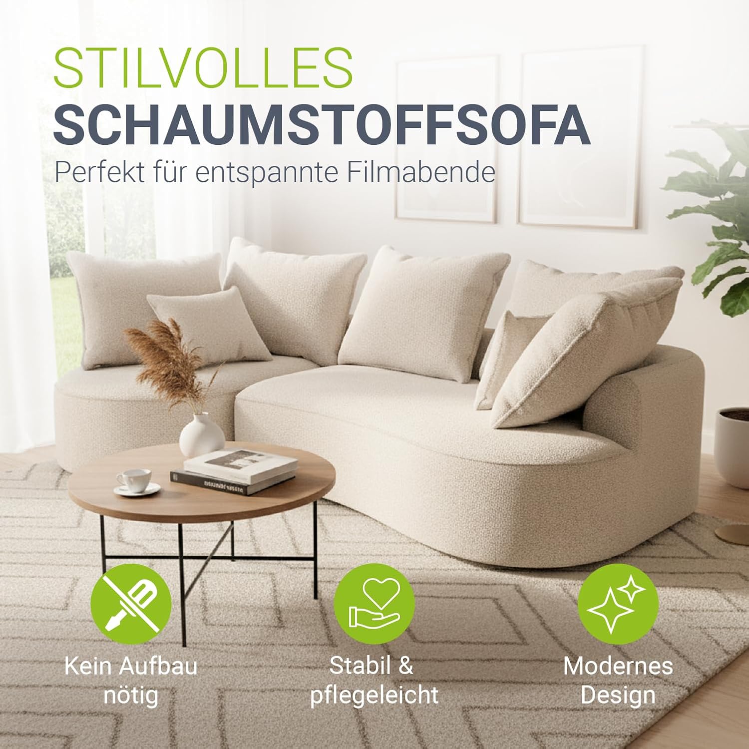 Juskys Sofa Tirano - Bouclé Creme, Ecksofa mit L-Form, mit Rücken- & Dekokissen, 4-Sitzer Eckcouch, Schaumstoff - Ottomane Links