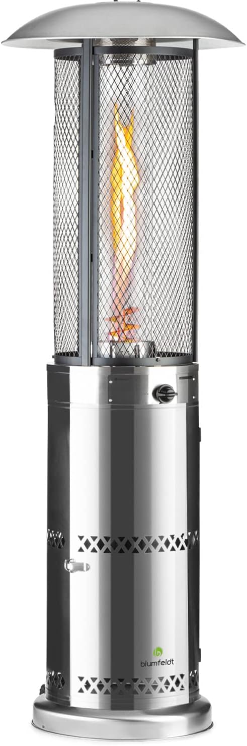 Blumfeldt Heizpilz Gas für Terrasse, Garten & Balkon, Terrassenheizer mit 360°Flammen-Blick, Outdoor-Gasheizstrahler, Terrassen-Heizer mit Elektrischer Zündung, Gas-Heizstrahler mit Bodenrollen
