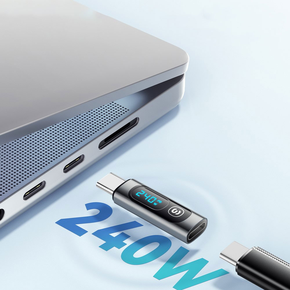 USB C auf USB C Ladeadapter mit Displayanzeige für Handy / MacBook Pro / Laptop PD (240W) - Silber