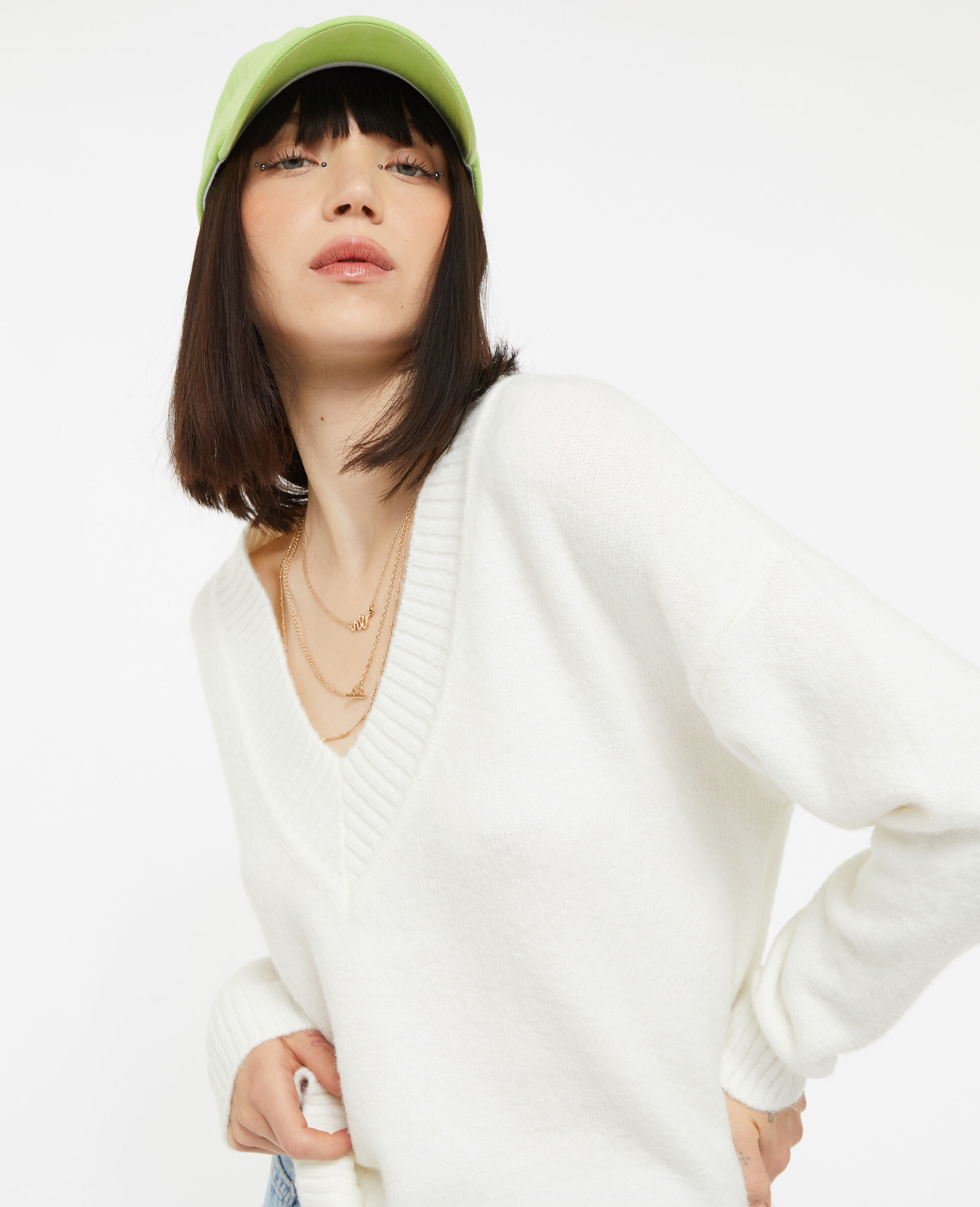 Pull droit avec grand col V - Blanc