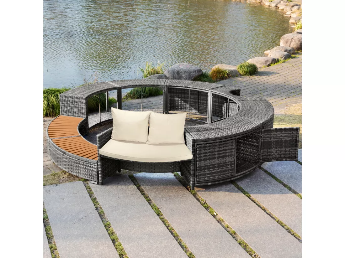 Salon de jardin avec un canapé rond, coussins beige et rangement, pieds réglables, pour piscine gonflable - 283x283x55cm