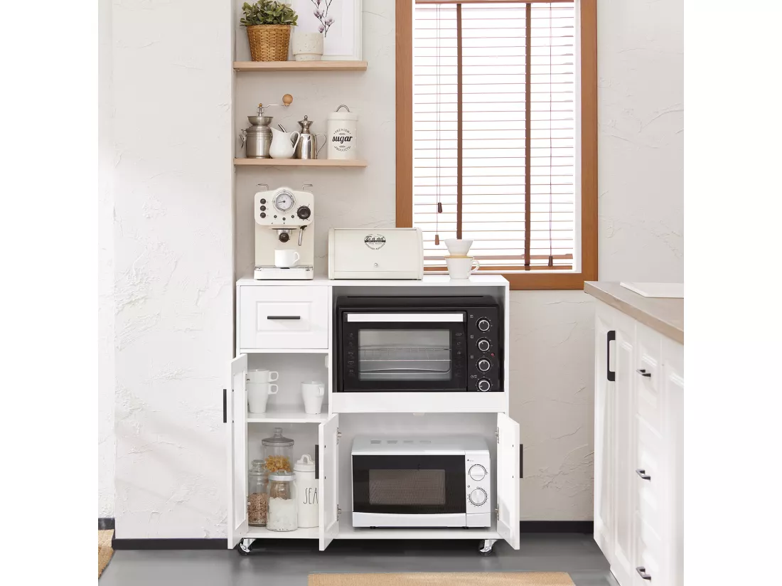SoBuy FSB78-W Meuble Micro-Ondes Buffet Commode sur roulettes Armoire de Cuisine Multi-Rangement avec 3 Portes, 1 Tiroir, 1 Compartiment