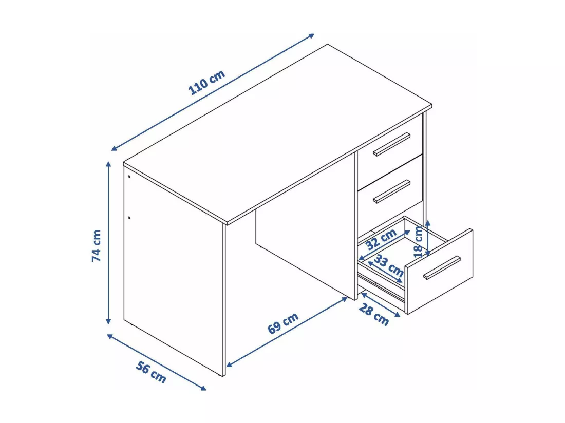 Bureau SAME 3 tiroirs 110x56x74 cm chêne TALESA