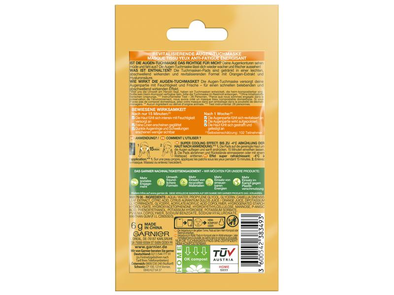 Garnier Skin Active Augen-Tuchmaske Hydra Bomb 1 Stück Augen-Tuchmaske mit Orangen-Extrakt und Hyaluronsäure