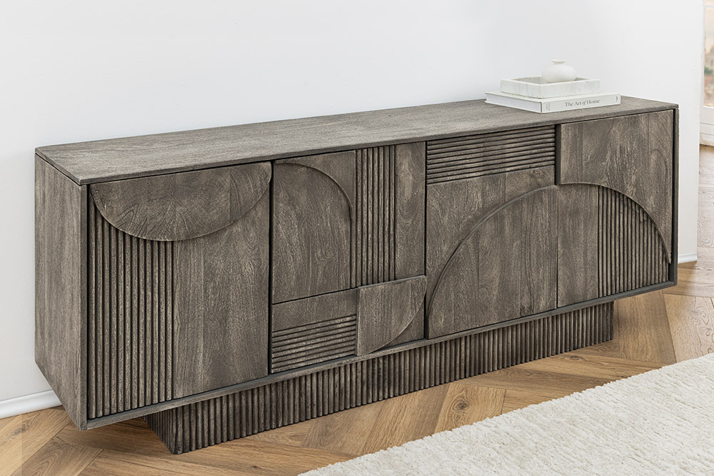 Design Sideboard ART DECO 170cm grau smoked Mangoholz massiv 3D-Front