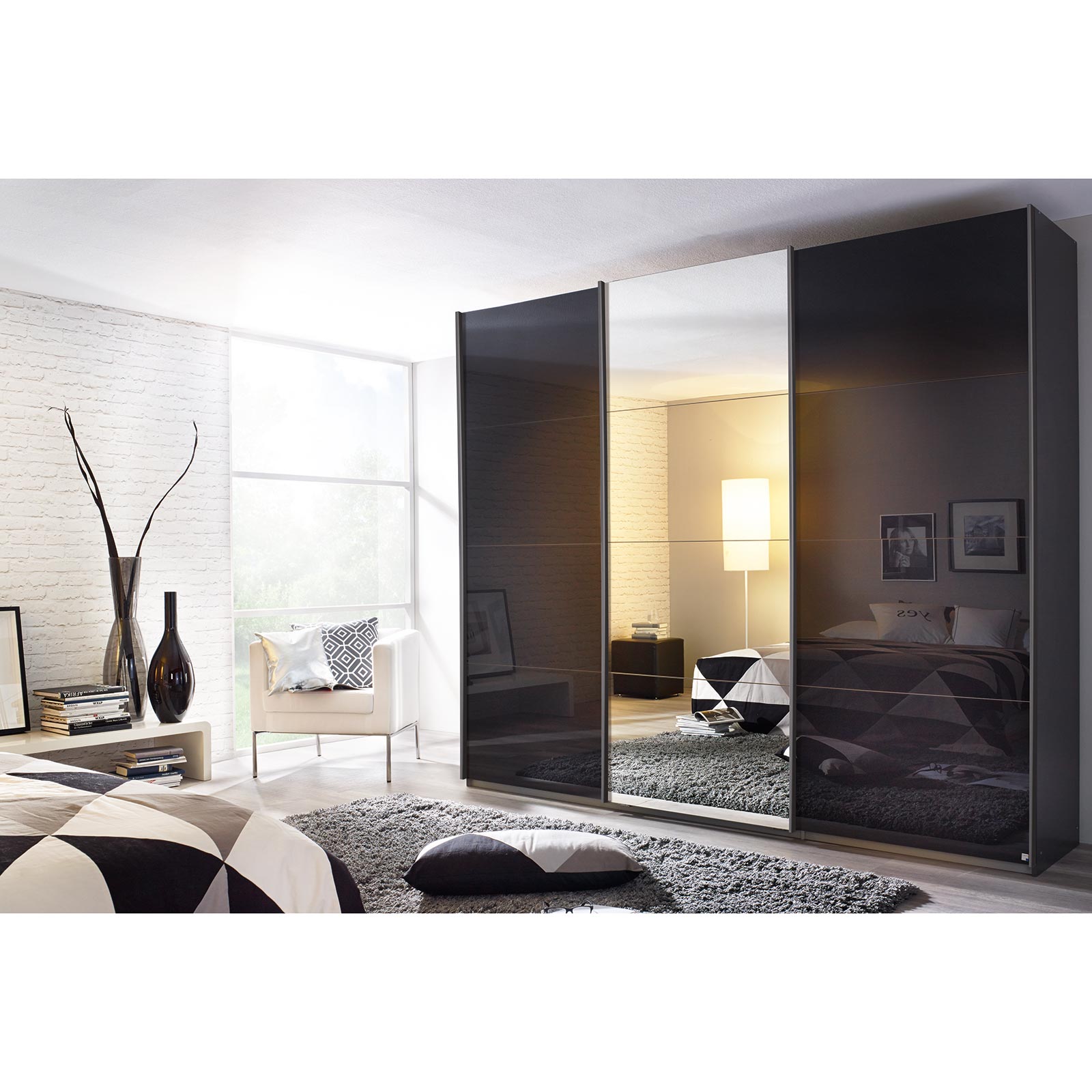 Schwebetürenschrank - basalt - grau metallic - mit Spiegel - 2 Glastüren - 271x229 cm