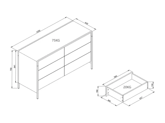 Commode 6 tiroirs - MDF et métal - Coloris : Naturel et noir - TUMACO