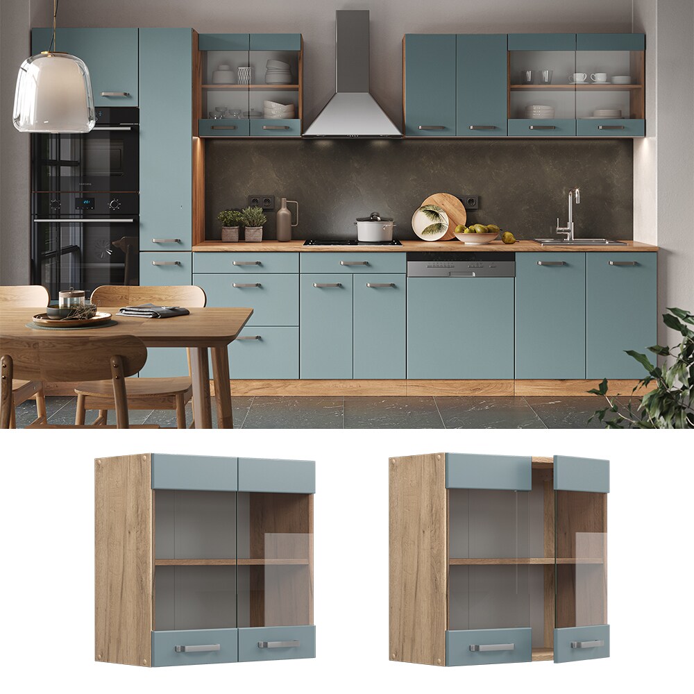 Vicco Glashängeschrank Küchenschrank R-Line Solid Eiche Blau Grau 60 cm modern