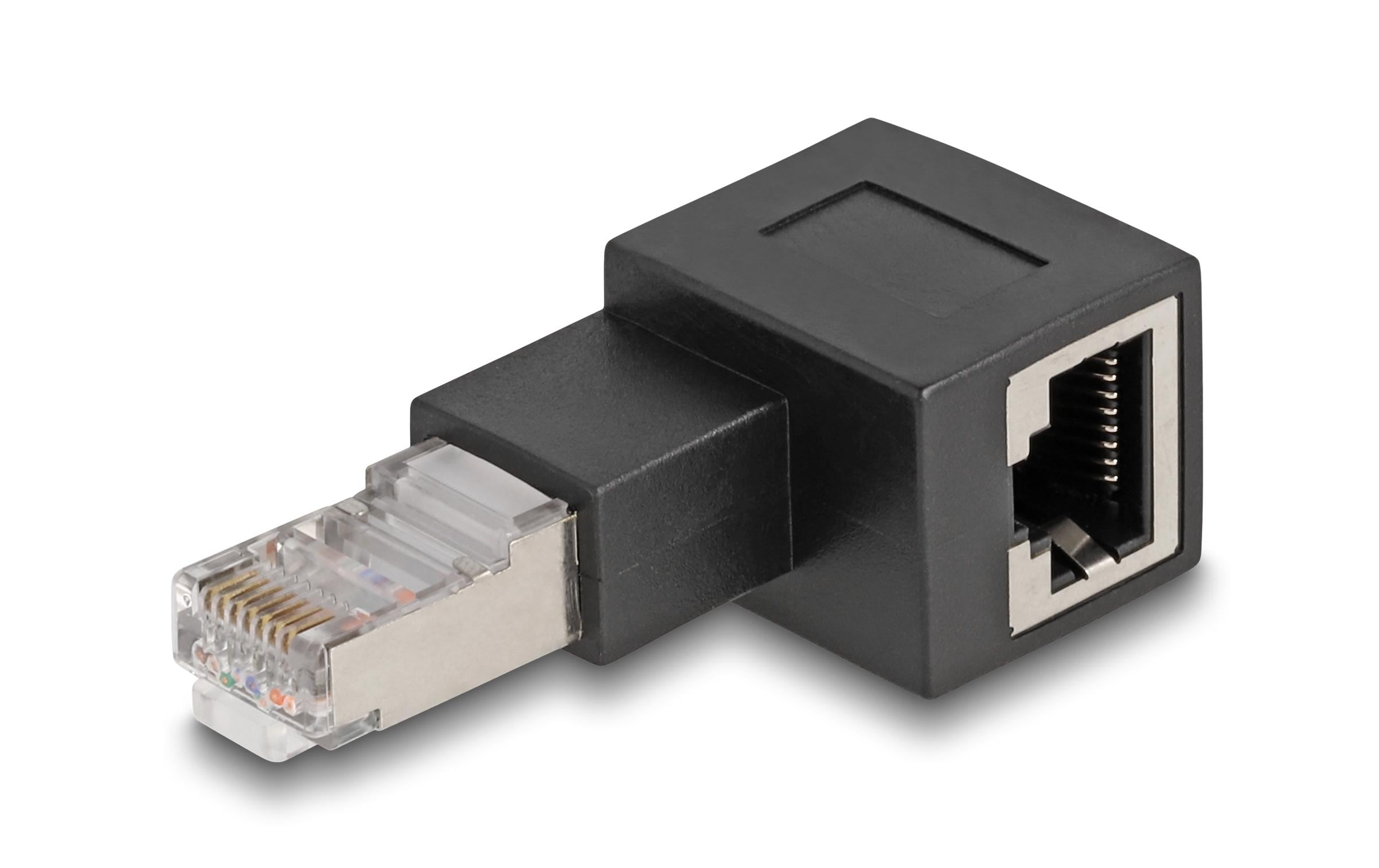 Winkeladapter 90° RJ45 nach links, Cat.6A 1 StückDelock RJ45 Stecker zu RJ45 Buchse Adapter Cat.6A 90° nach links gewinkelt