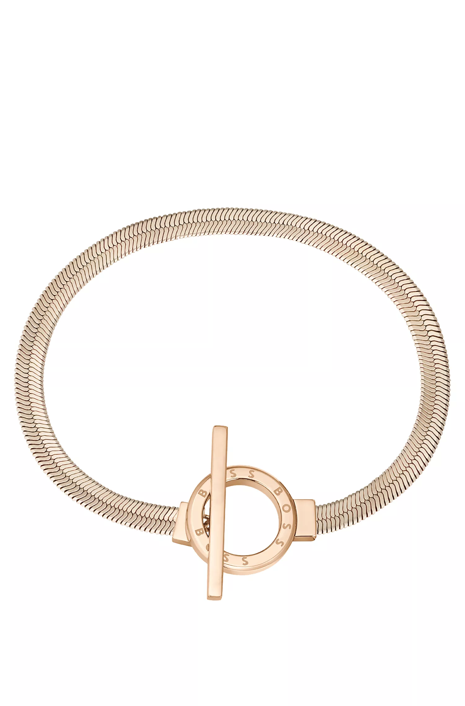 Pulseira BOSS preta com detalhes em dourado e anel com o logotipo gravado.
