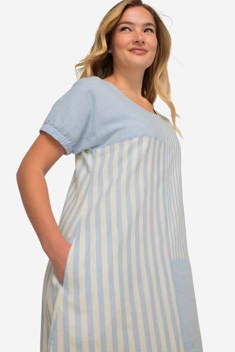 Leinenmix-Kleid, A-Line, Streifen-Mix, Rundhals, Halbarm