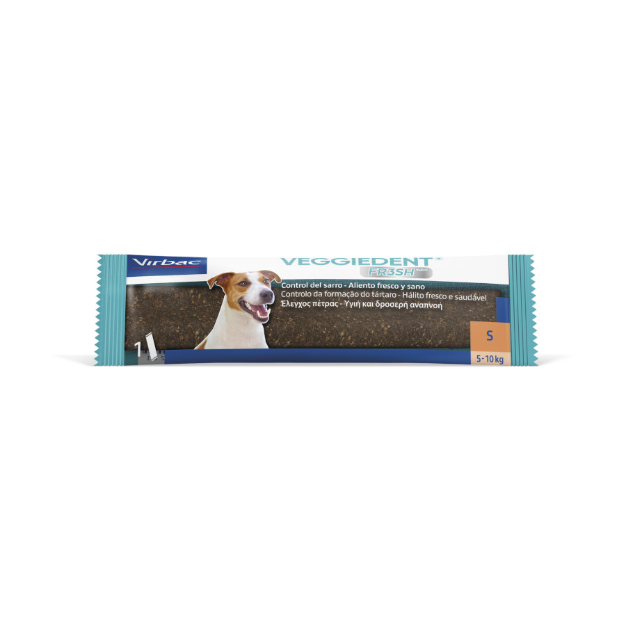 Petiscos dentais frescos Virbac Veggiedent para cães de raças pequenas.