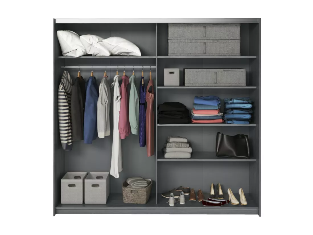 Chambre à coucher FLOYD : Armoire 200cm, Lit 180x200, commode, chevets. Coloris gris effet bois.