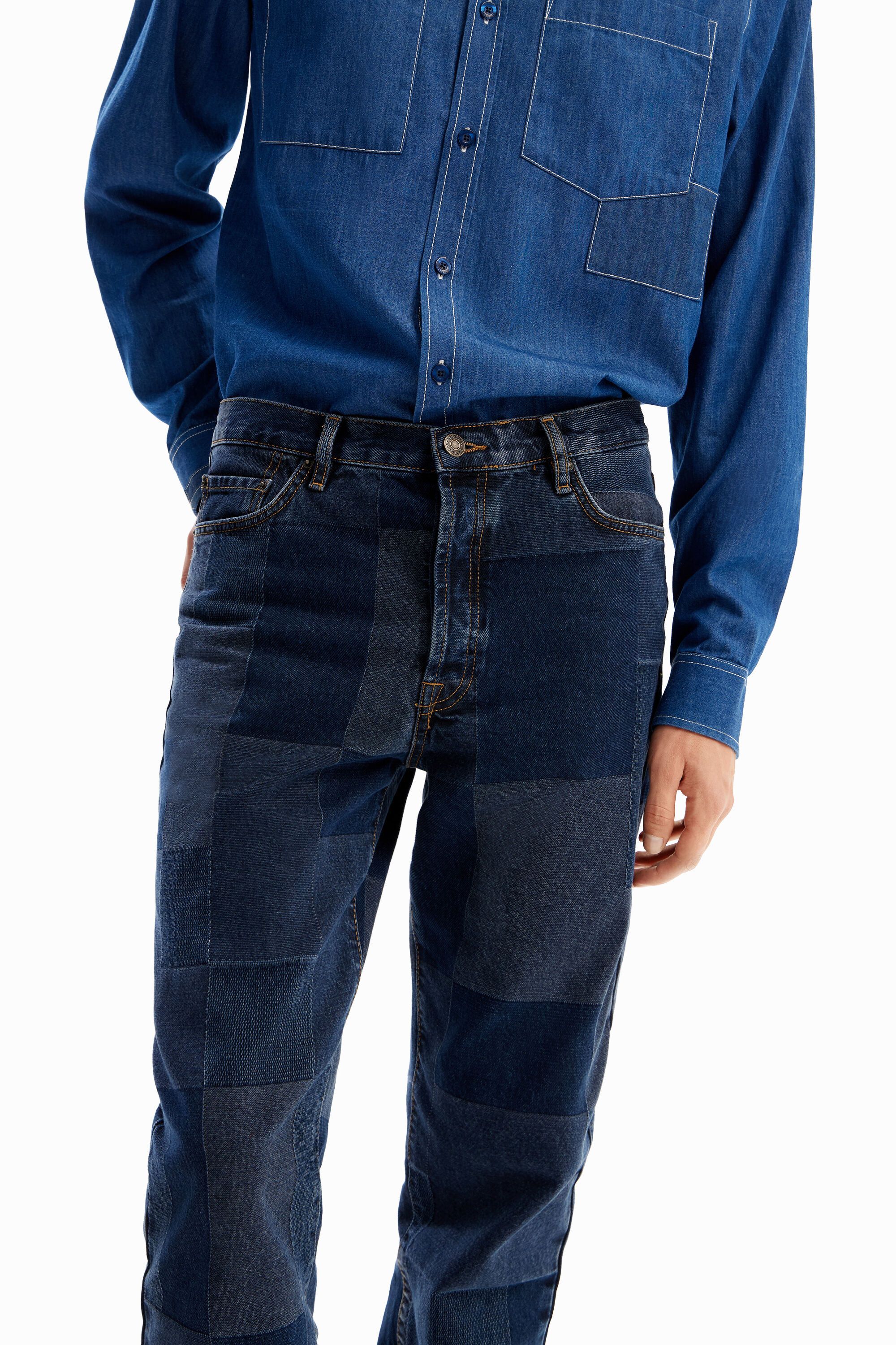 calça jeans xadrez reta