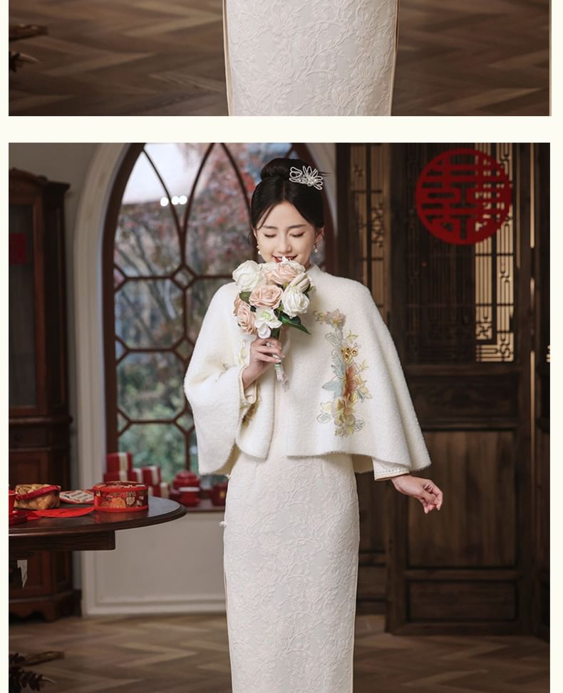 Catamin - Traditionele Chinese lange mouwen effen kant split midi mantel qipao / bloemen geborduurde cape