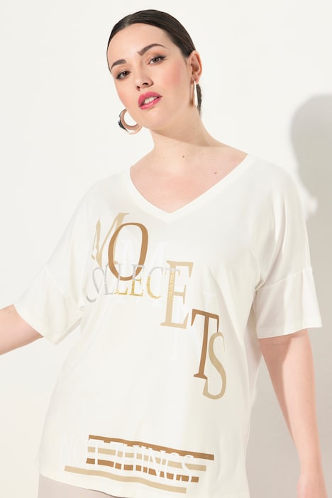 T-Shirt, Schriftmotiv, V-Ausschnitt, Halbarm