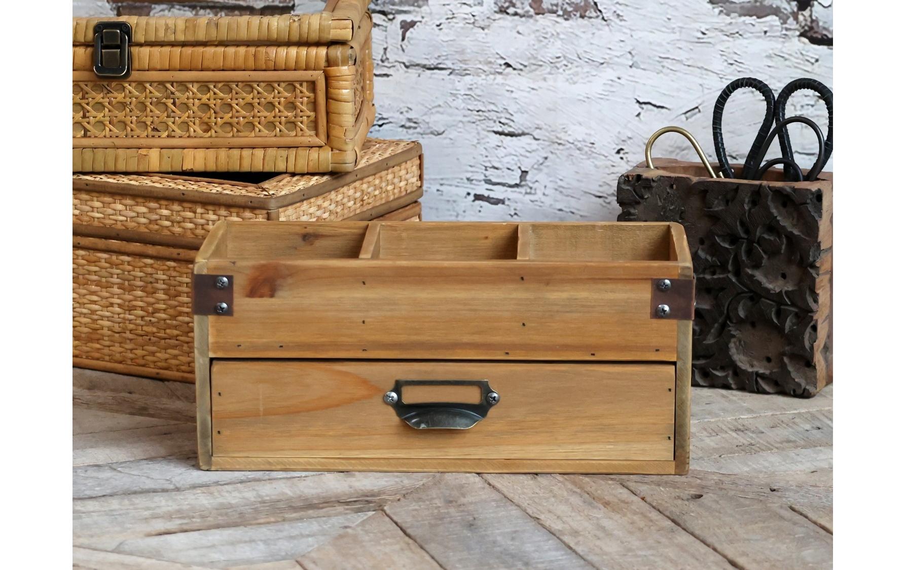 mit 3 Fächern und Schublade 30 x 13 cmAufbewahrungsbox aus Holz und Eisen