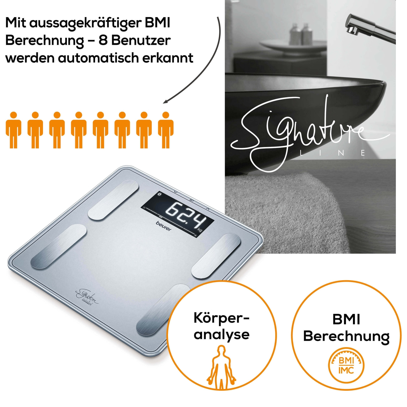 Diagnosewaage BF 405 Signature Line Bluetooth Personen Waage zur Körperanalyse mit App Funktion (iOS / Android) (76006) - Silber