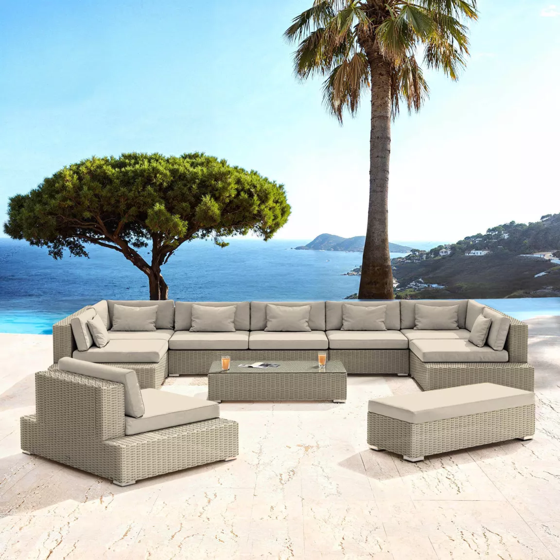 Salon de jardin en résine tressée 9 places 9 pcs Palma Gris et beige
