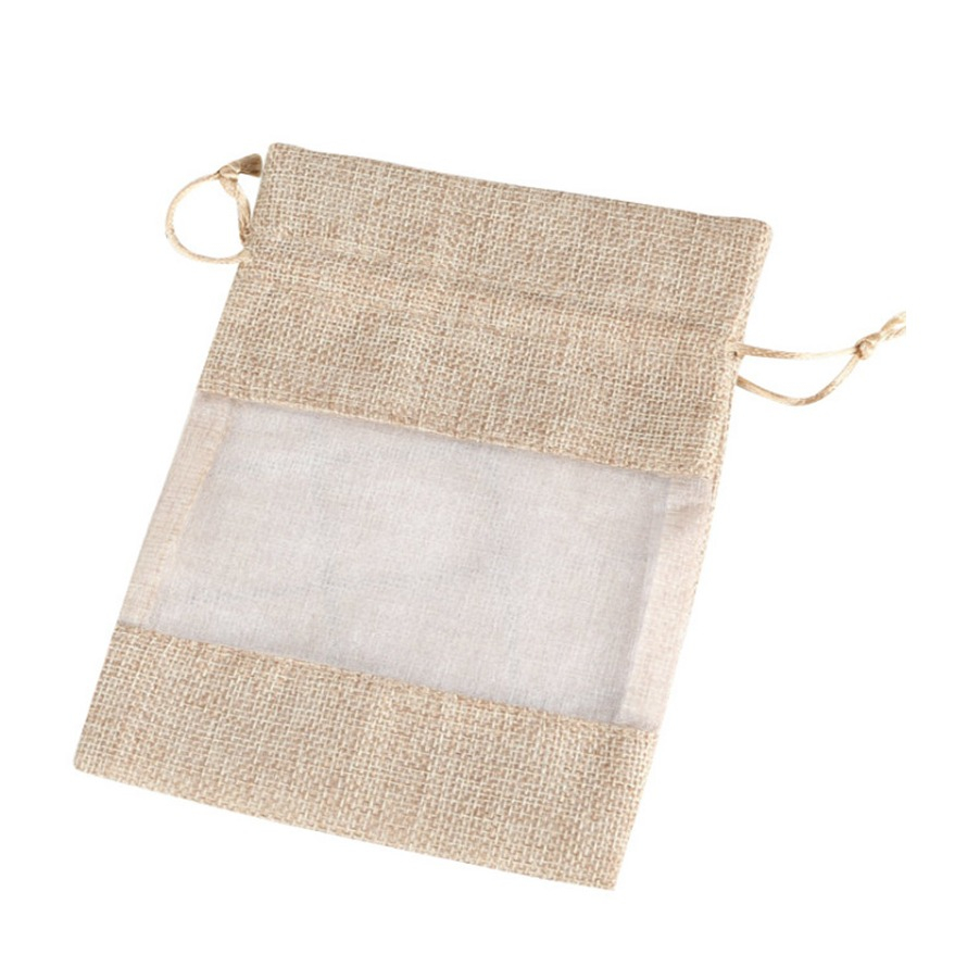 (10er Set) 14x10cm Jute Geschenk Beutel Gift Bag mit Kordelzug / Sichtfenster - Natur