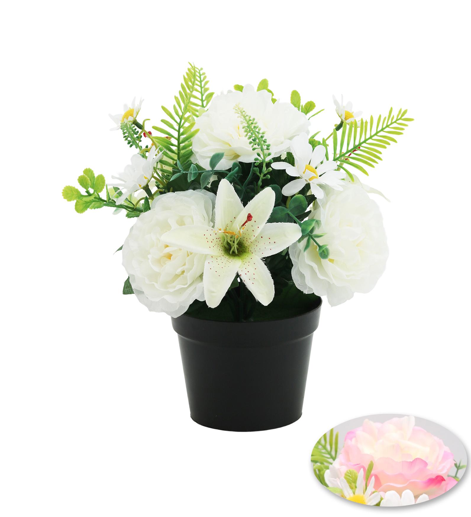 COMPOSITION PIVOINES MARGUERITES ET FEUILLAGES H.24CM COULEU