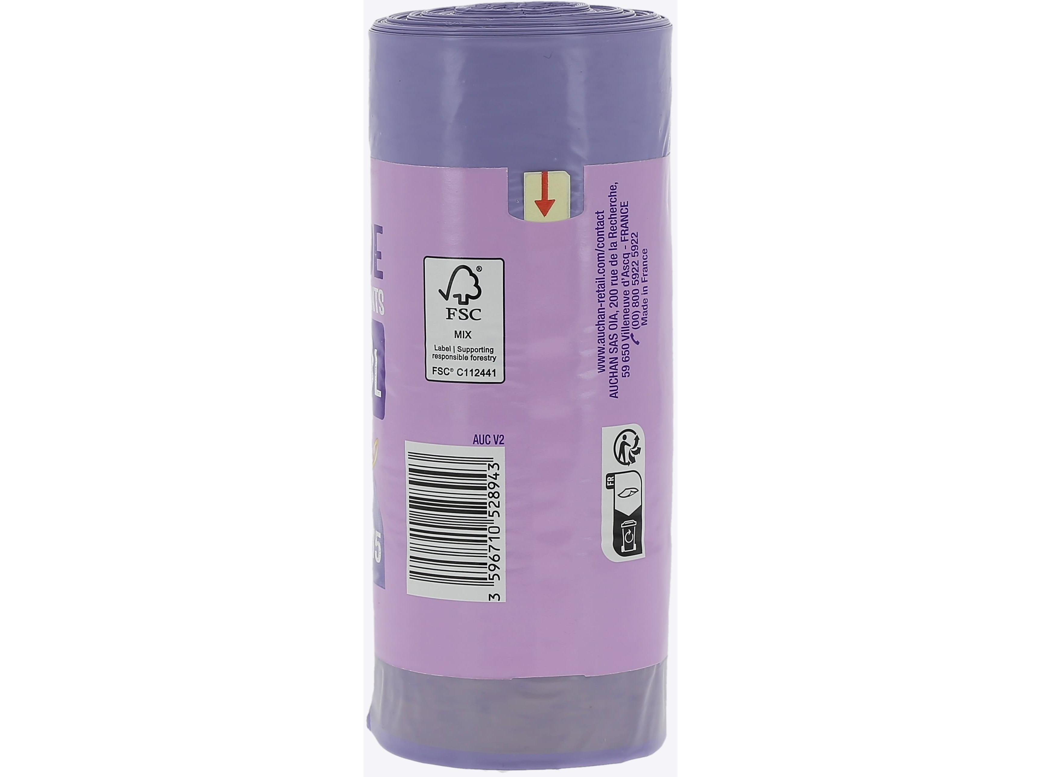 SACO DE LIXO AUCHAN LAVANDA FECHO FÁCIL 30L 100% RECICLADOS 15UN