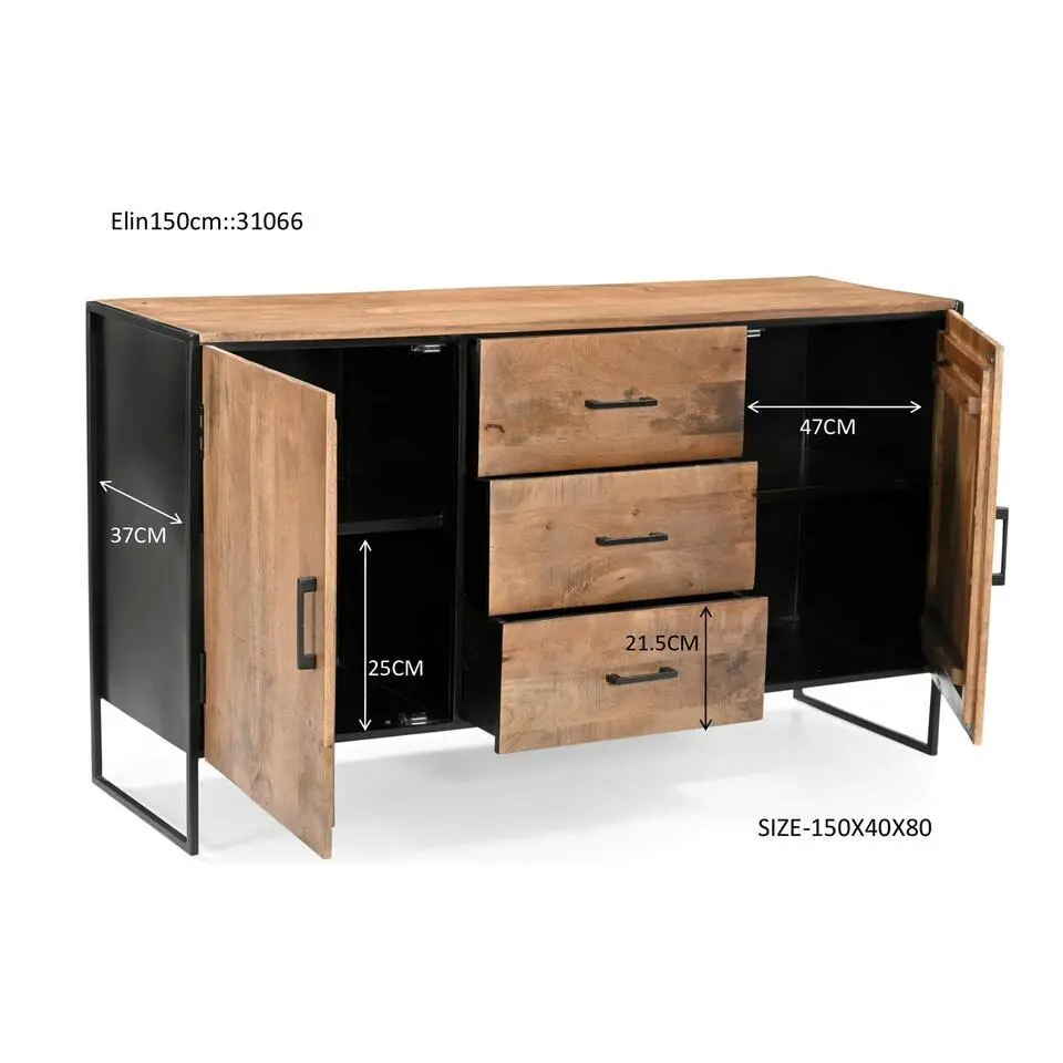 Dressoir Naturel Mangohout - Metaal - 150x40x80cm - Elin