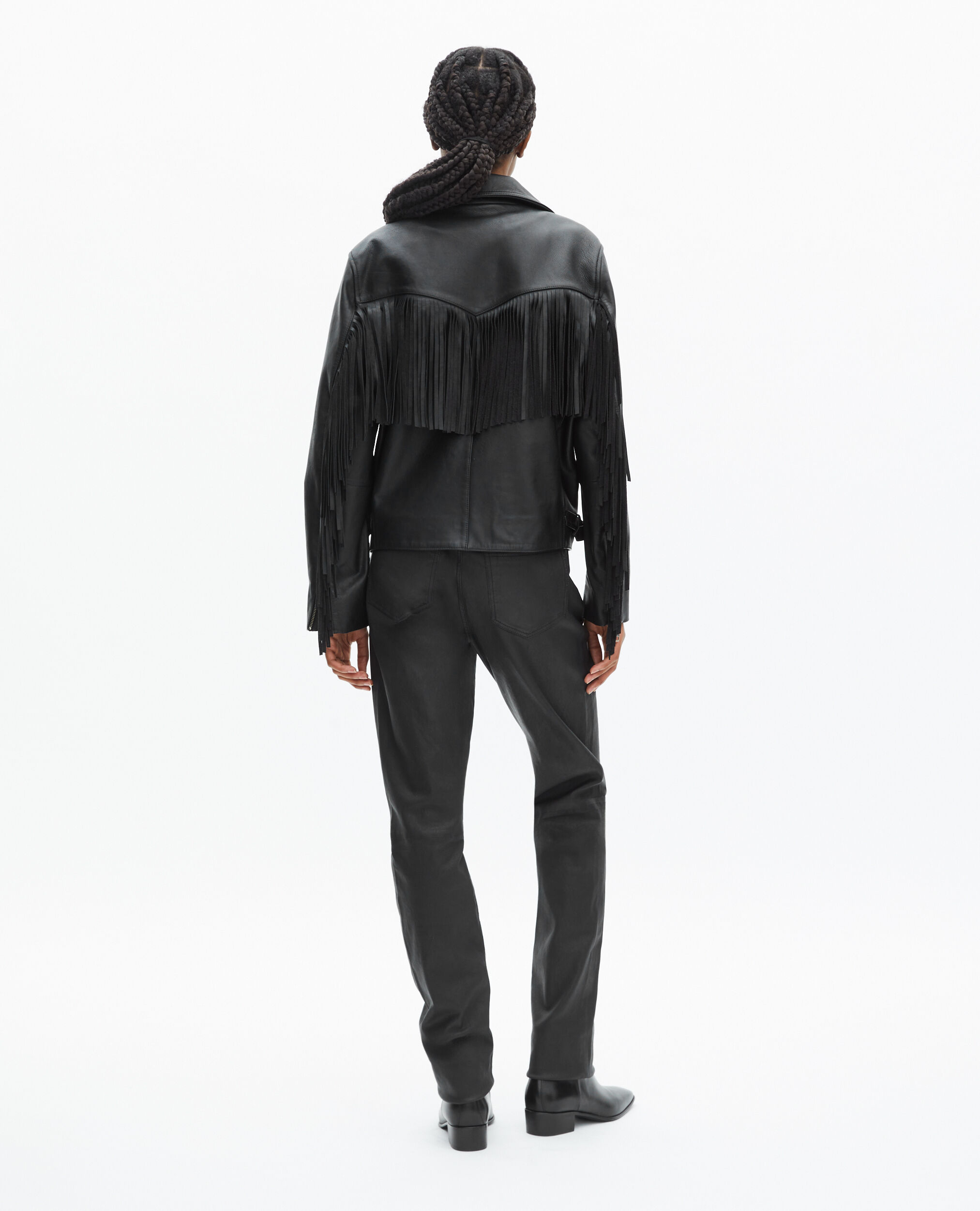 Blouson en cuir à franges noir
