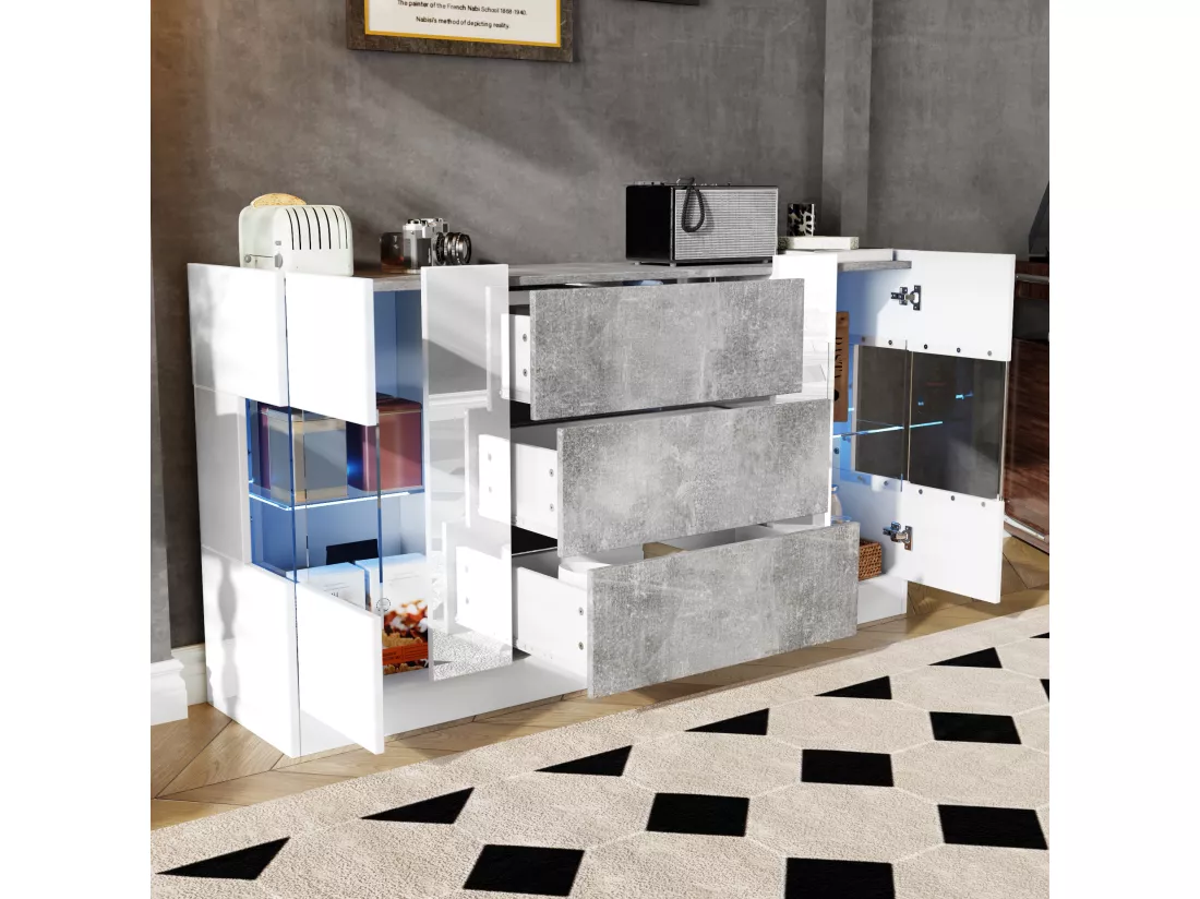 Buffet avec LED - 2 portes et 3 tiroirs - façade blanche brillante et aspect marbre gris - Blanc