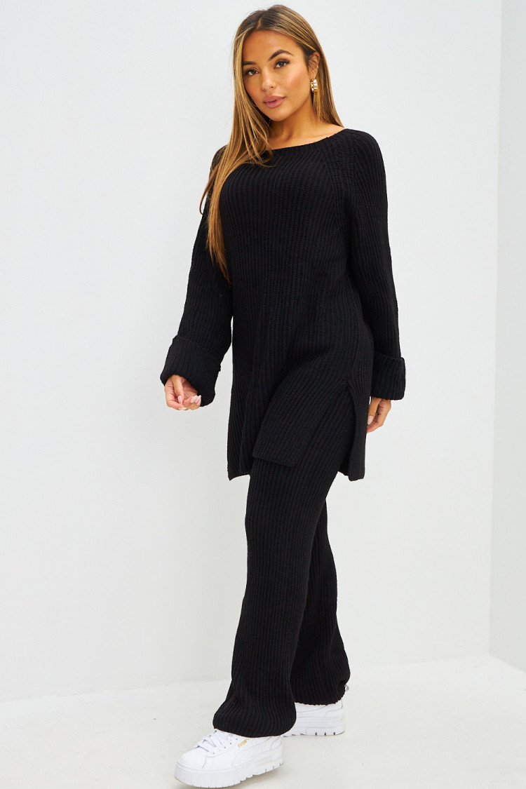 Ensemble 2 pièces pull long + pantalon en grosses mailles noir