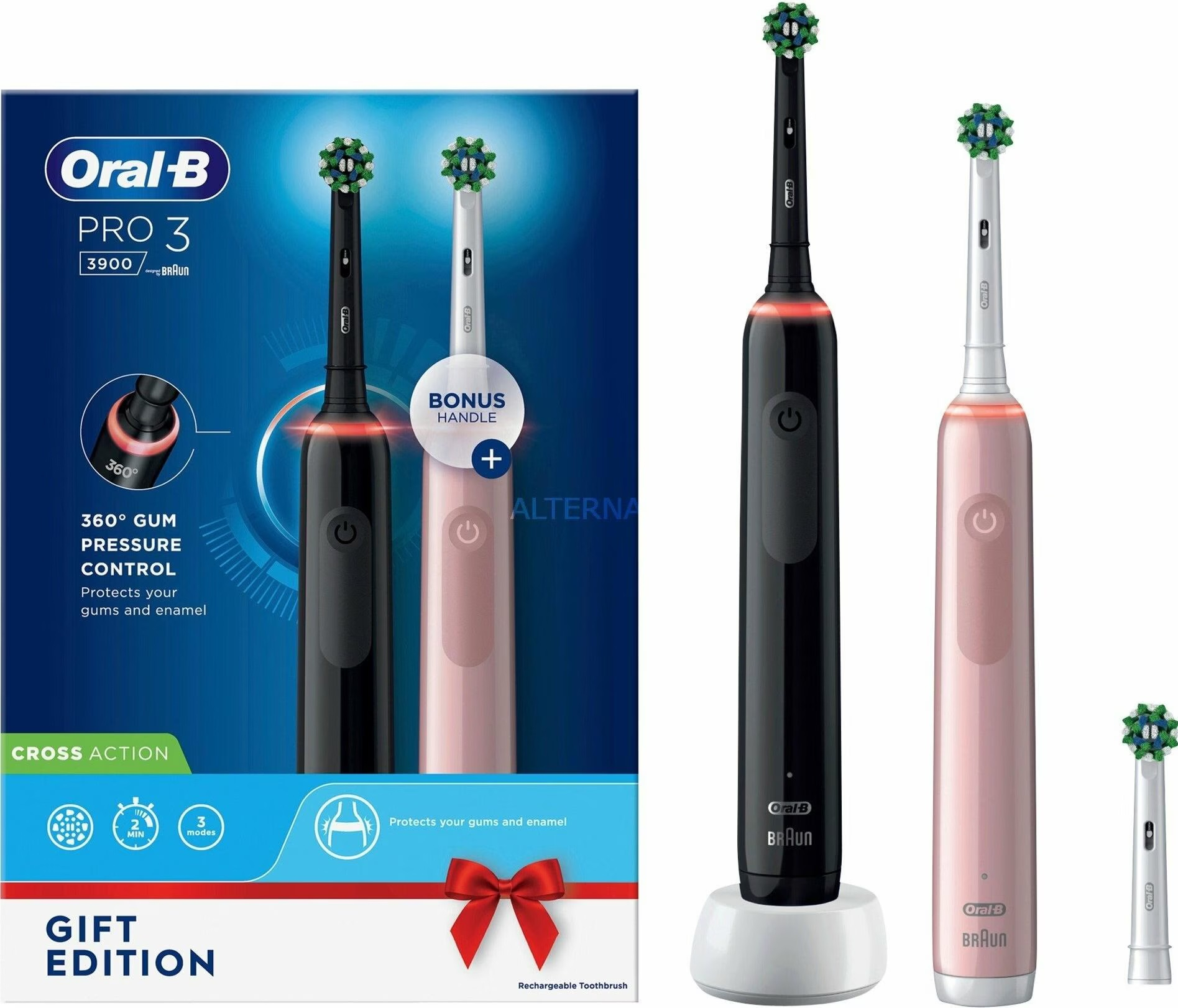 (2er Set) Pro 3 3900 Elektrische Zahnbürste mit Induktiver Ladestation / 3 Bürstenköpfen (760277) - Schwarz / Pink
