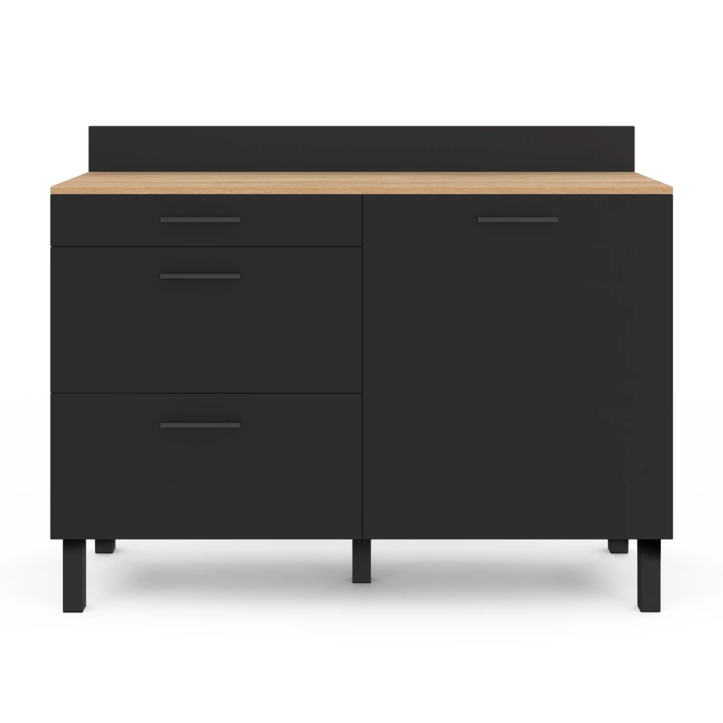 Buffet bas casserolier de cuisine 120 CM CINA plan de travail H.83 cm 1 porte + 3 tiroirs façon hêtre et noir