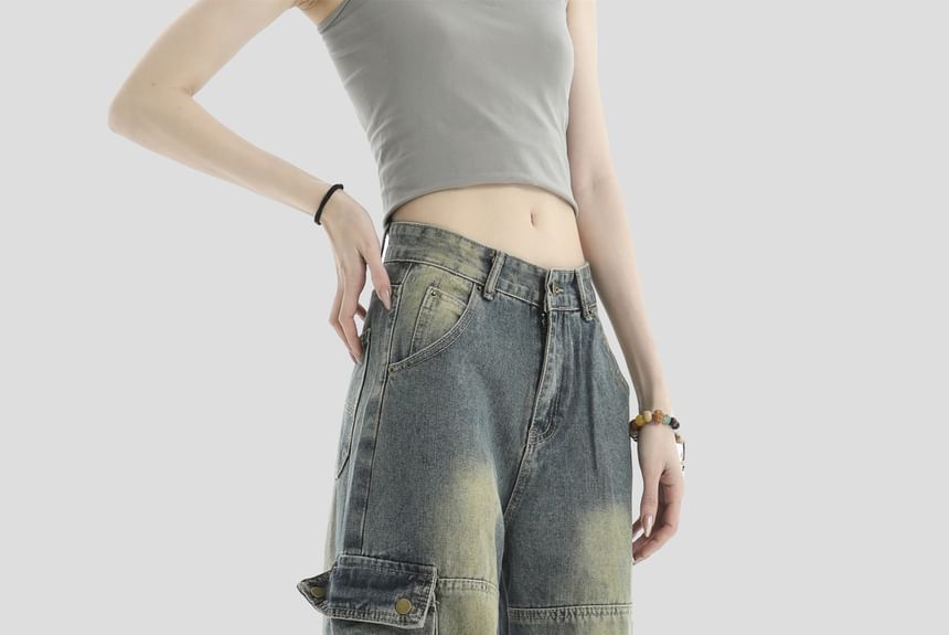 INStudio - High Waist Washed Wide Leg Cargo Jeans