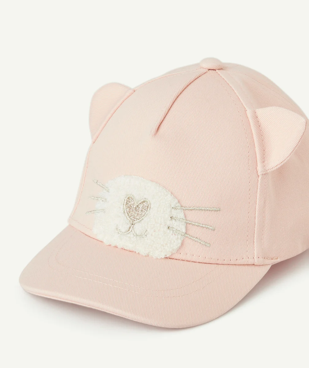 casquette bébé fille en coton rose pâle avec oreilles et motif chat