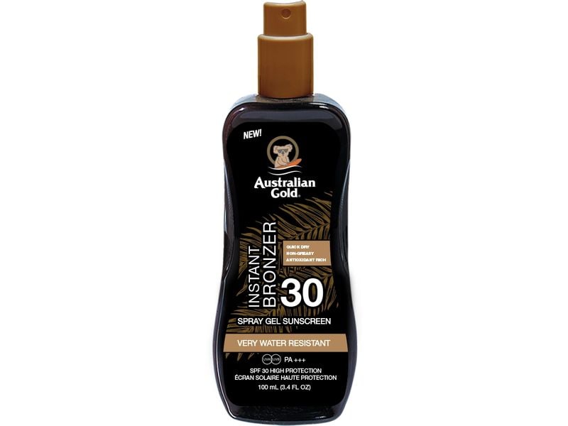 Australian Gold Sonnenspray Gel mit Bronzer SPF 30 100 ml Schützende Sonnencreme im praktischen Spray