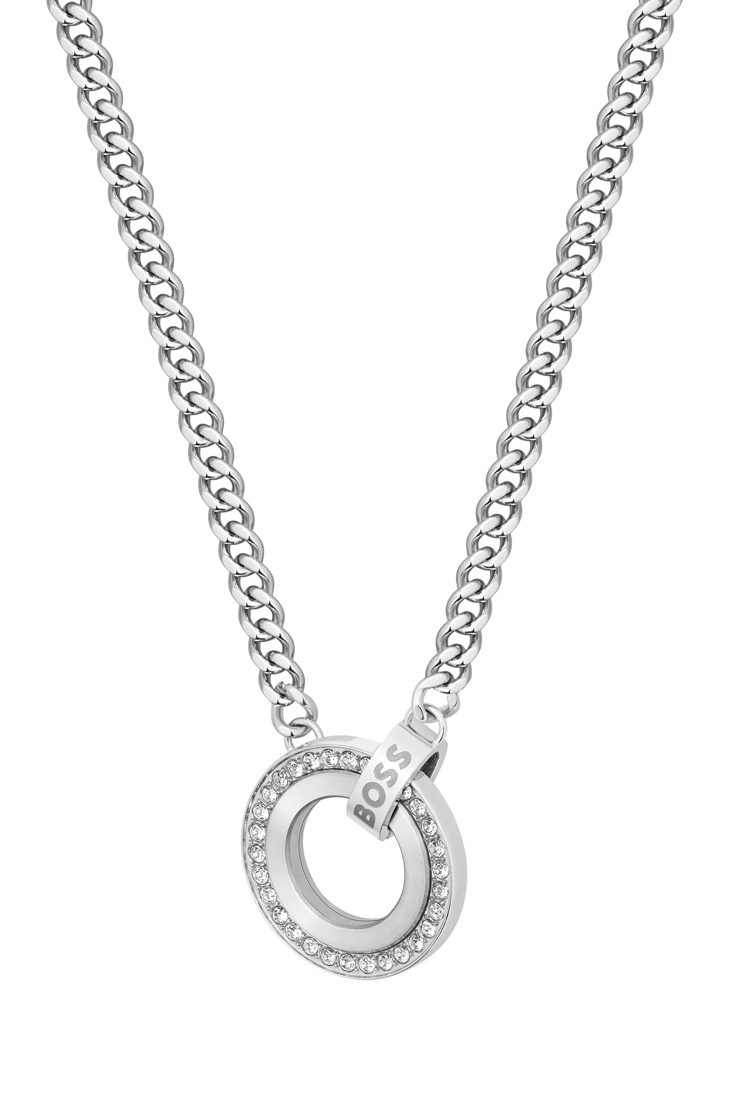 Colar BOSS Black-Chain com anel de cristal e elo com a marca.