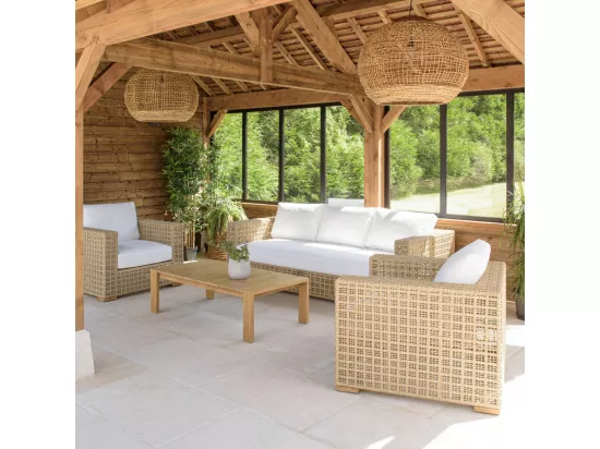 VALERIA - Salon de jardin 6 places en rotin synthétique ajouré beige