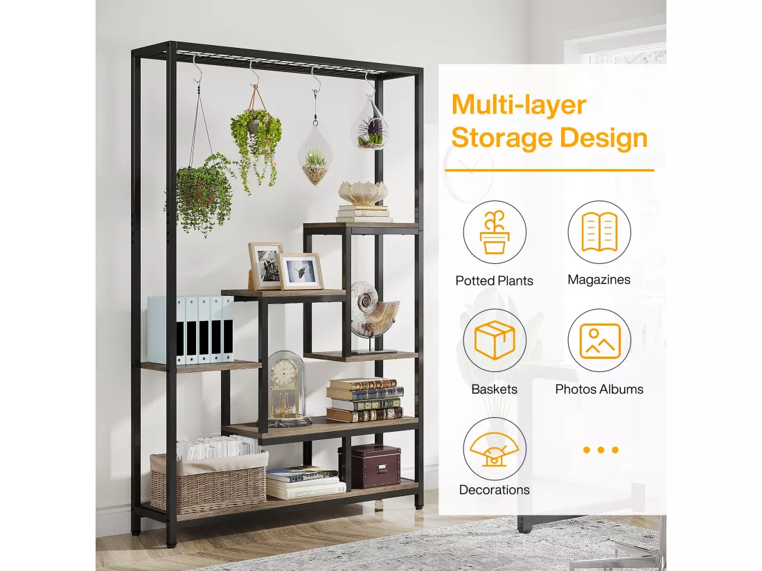 Tribesigns Support pour plantes d'intérieur à 5 niveaux - Étagère en métal de 180,1 cm avec 10 crochets de suspension en S - Pour intérieur, jardin, balcon, salon - Noir et Gris