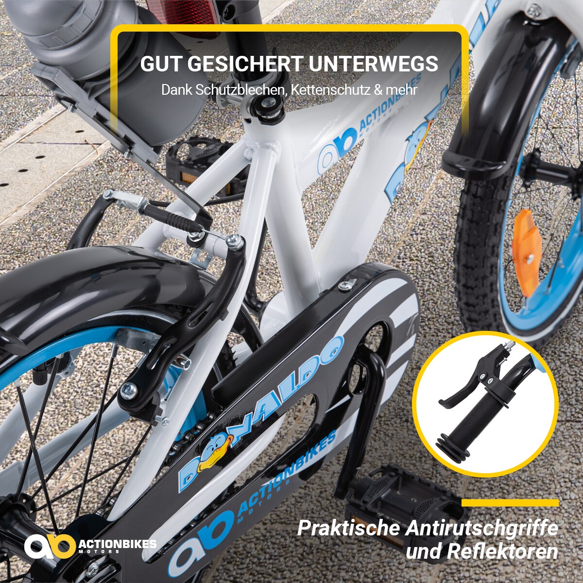 Actionbikes Kinderfahrrad Donaldo 16 Zoll, V-Brake-Bremsen, höhenverstellbar, Stützräder, Korb