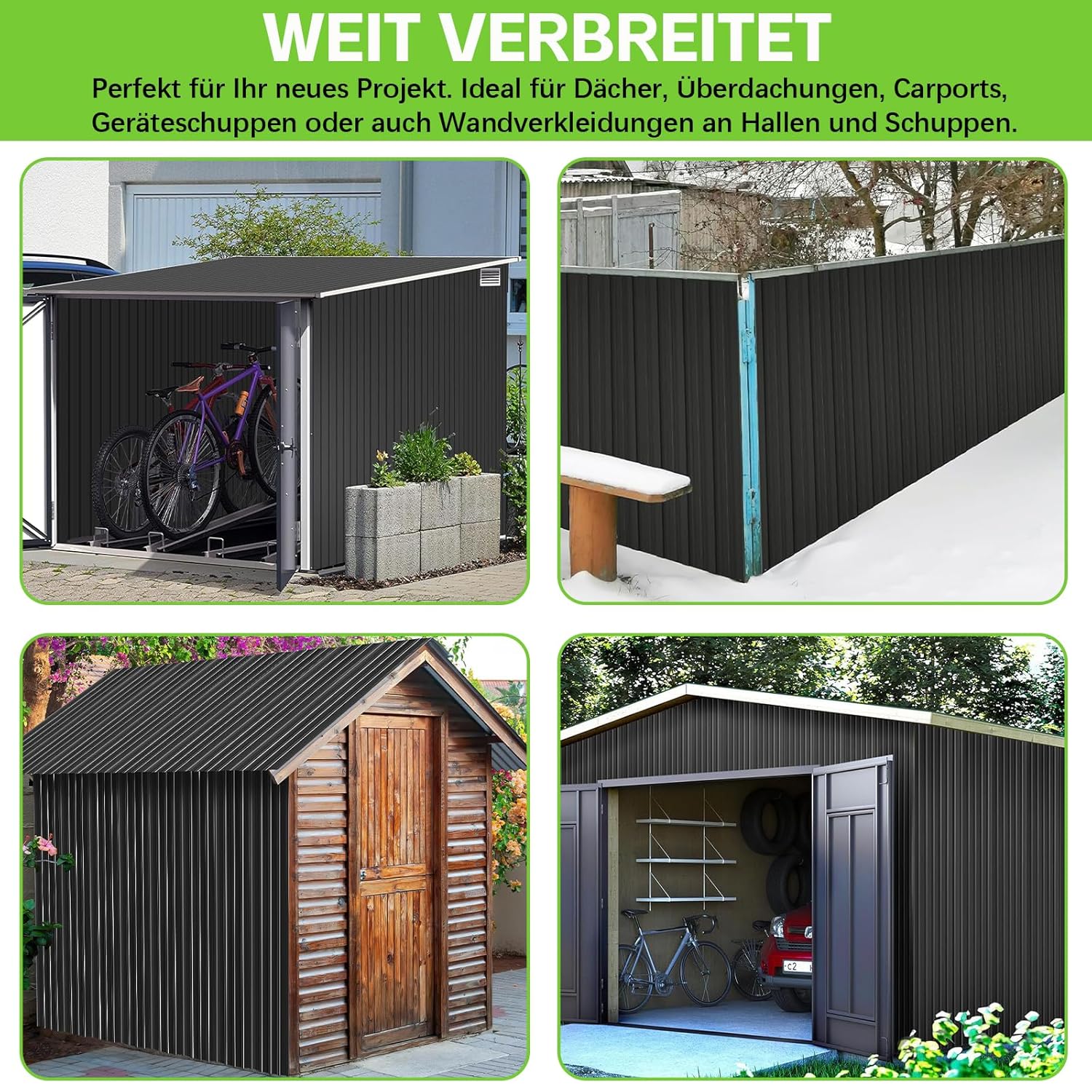 Profilblech Trapezblech 24er Set, 115×45 cm (12,42 m²), Wetterfest Rostresistent Verzinkte Wellblech Dachplatten mit 400 Schrauben, Schwarz Metall Dachblech für Carport, Garage, Gerätehaus