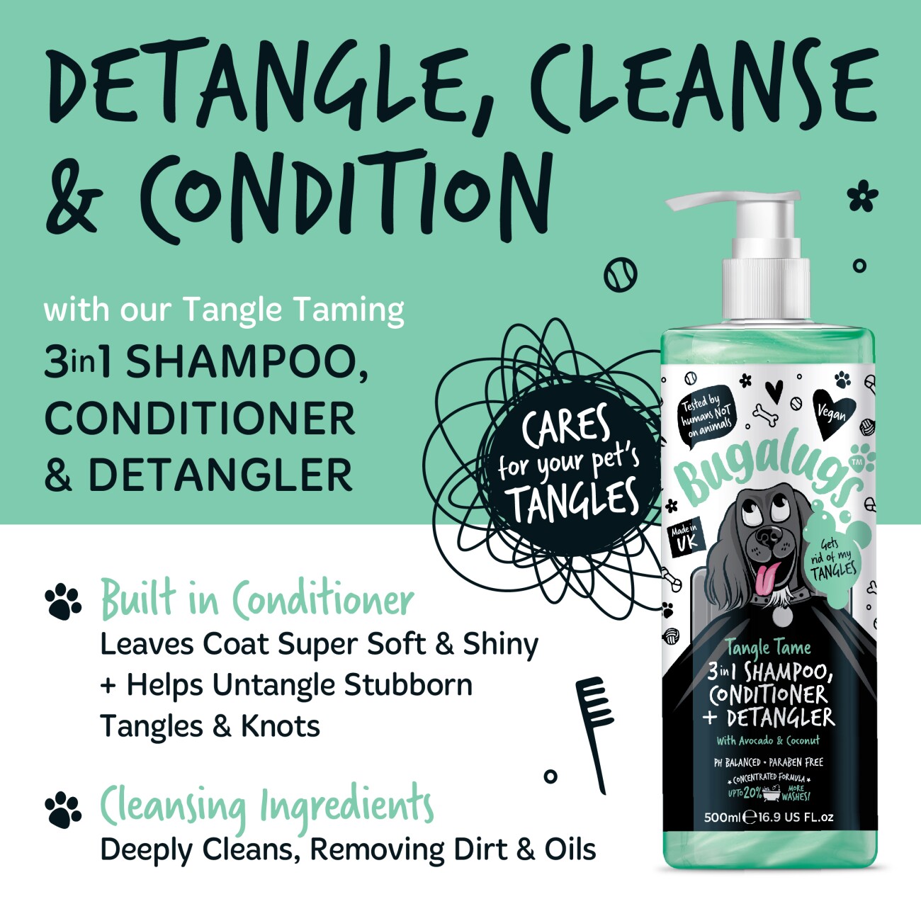 Bugalugs Tangle Tame 3-in-1 – Shampoo, Conditioner & Entfilzer mit Avocado & Kokosnuss