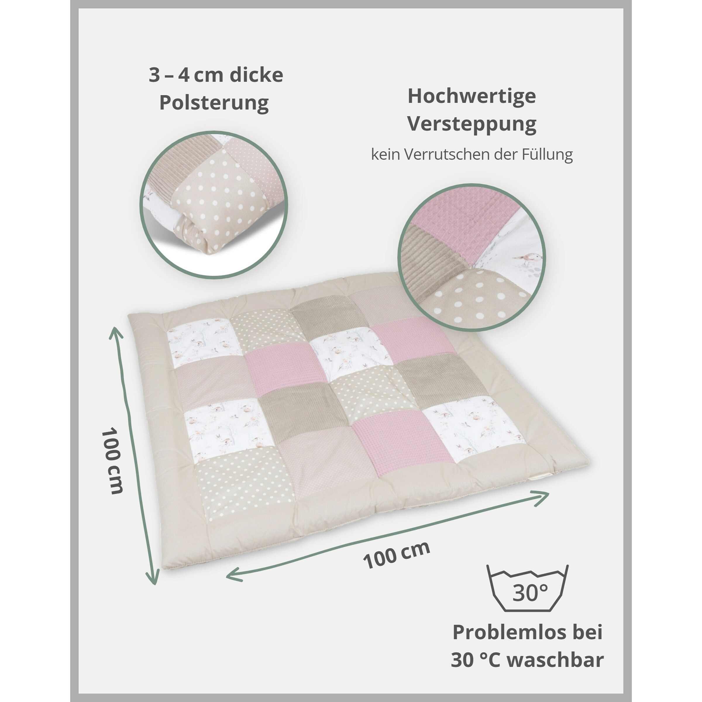 Ullenboom Krabbeldecke & Laufgittereinlage 100 x 100 cm Waffelpiqué/Cord beige / rosa / Märchenwald