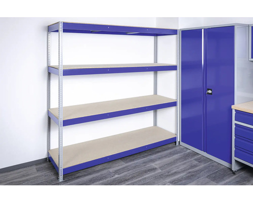 Robuuste industriële stellingkast, blauw/grijs gepoedercoat, 196x200x60 cm, 4 gedeelde houten legborden met metalen steunen en verstelbare metalen voeten, draagvermogen 1000 kg