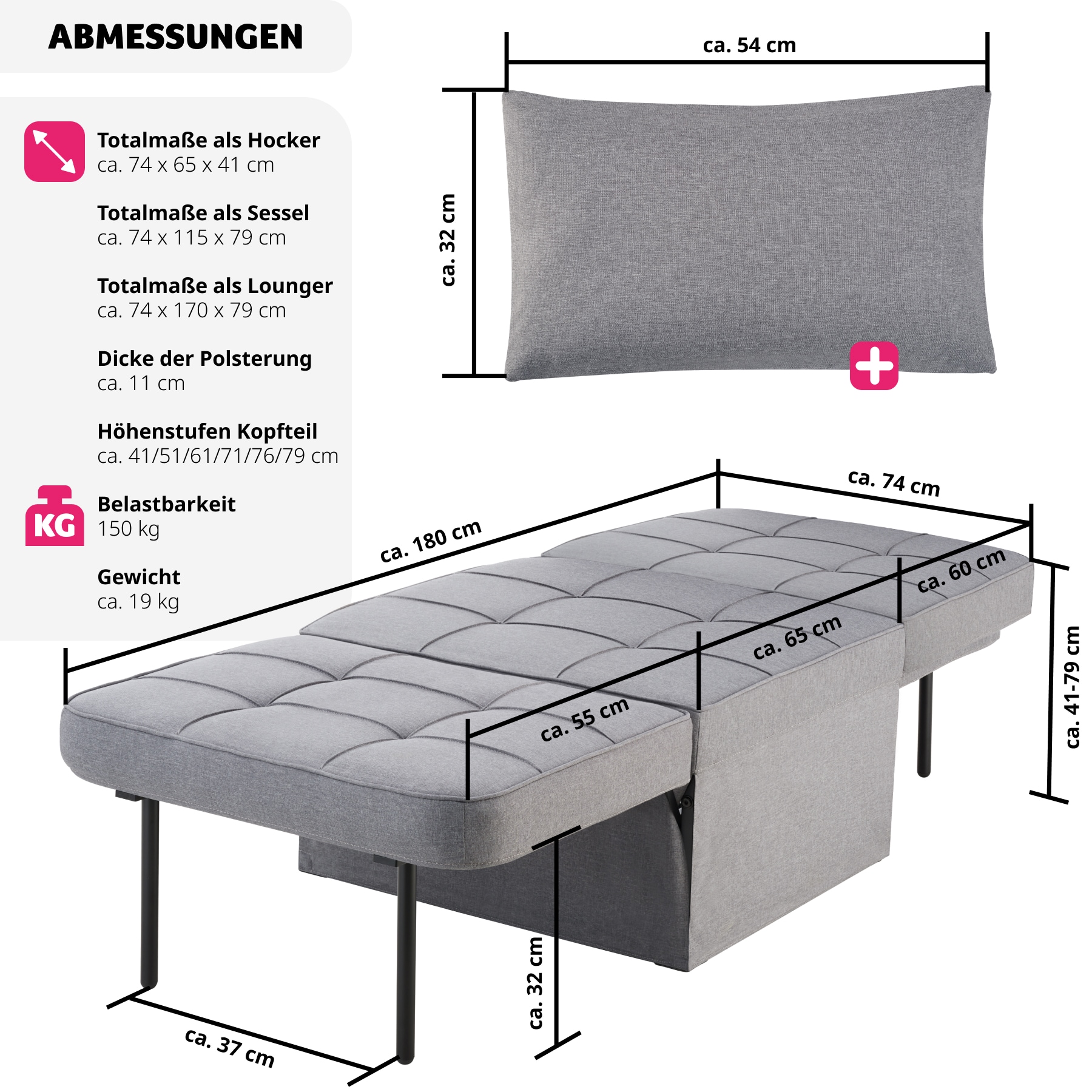 tectake® Schlafhocker, 4 in 1 als Hocker, Sessel, Lounger oder Bett, stabiles Stahlgestell, Belastbarkeit 150 kg