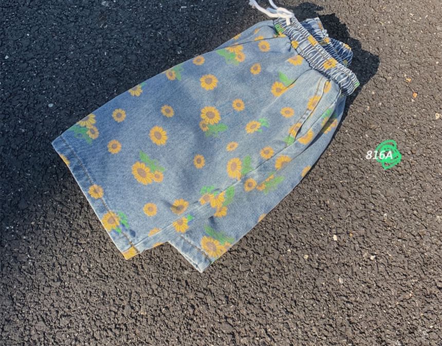 Savenne - Middelhoge denim shorts met zonnebloemprint en wijde pijpen
