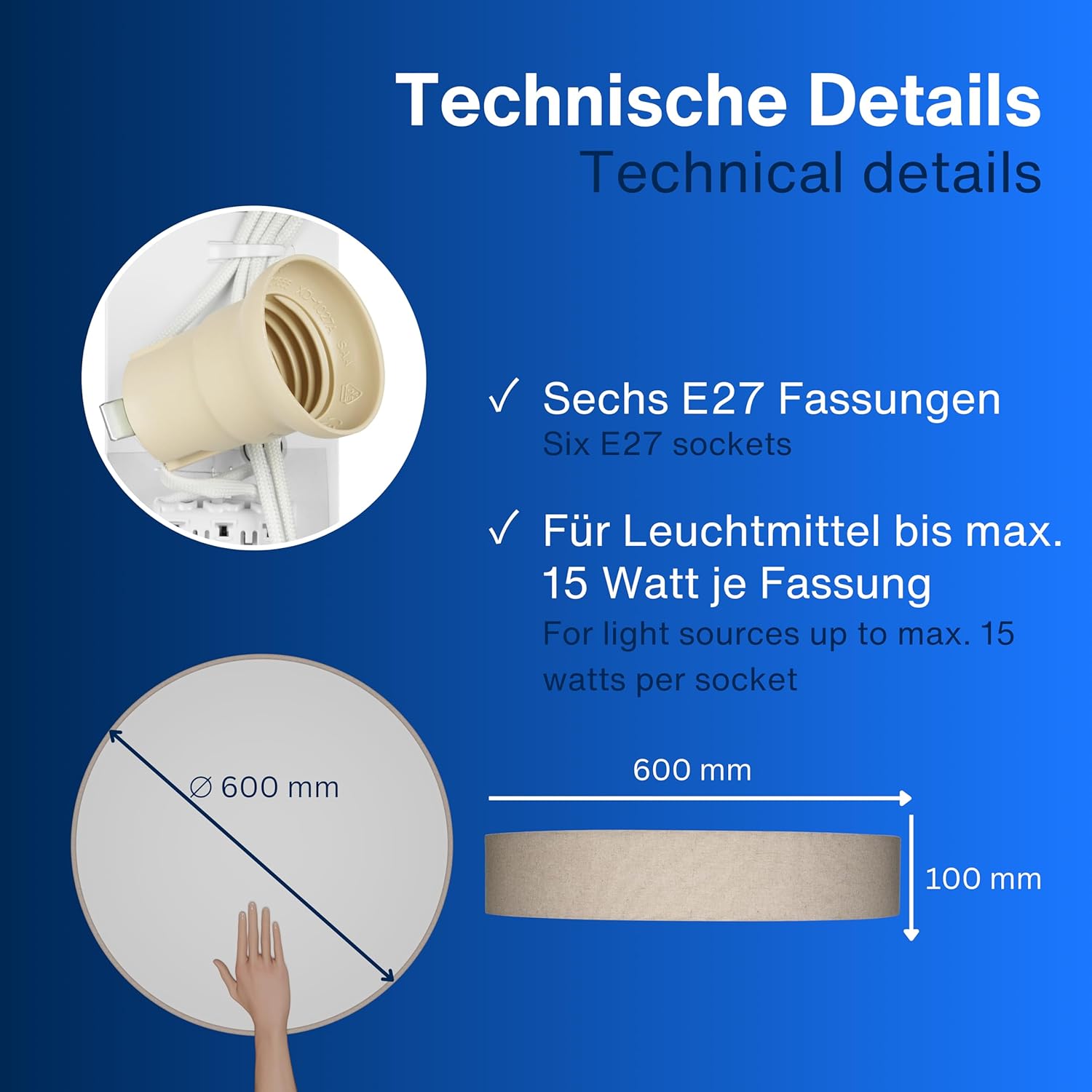 REV Deckenlampe - Deckenleuchte Wohnzimmer, Schlafzimmer & Küche rund 60cm mit Stoff-Lampenschirm im Vintage-Look, taupe